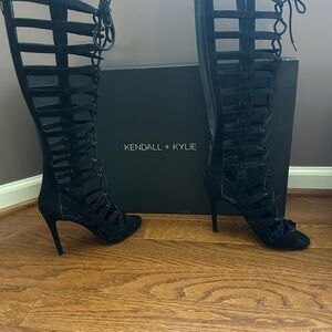 Kendall & Kylie Black Suede Gladiator Lace Up Heeled Boots